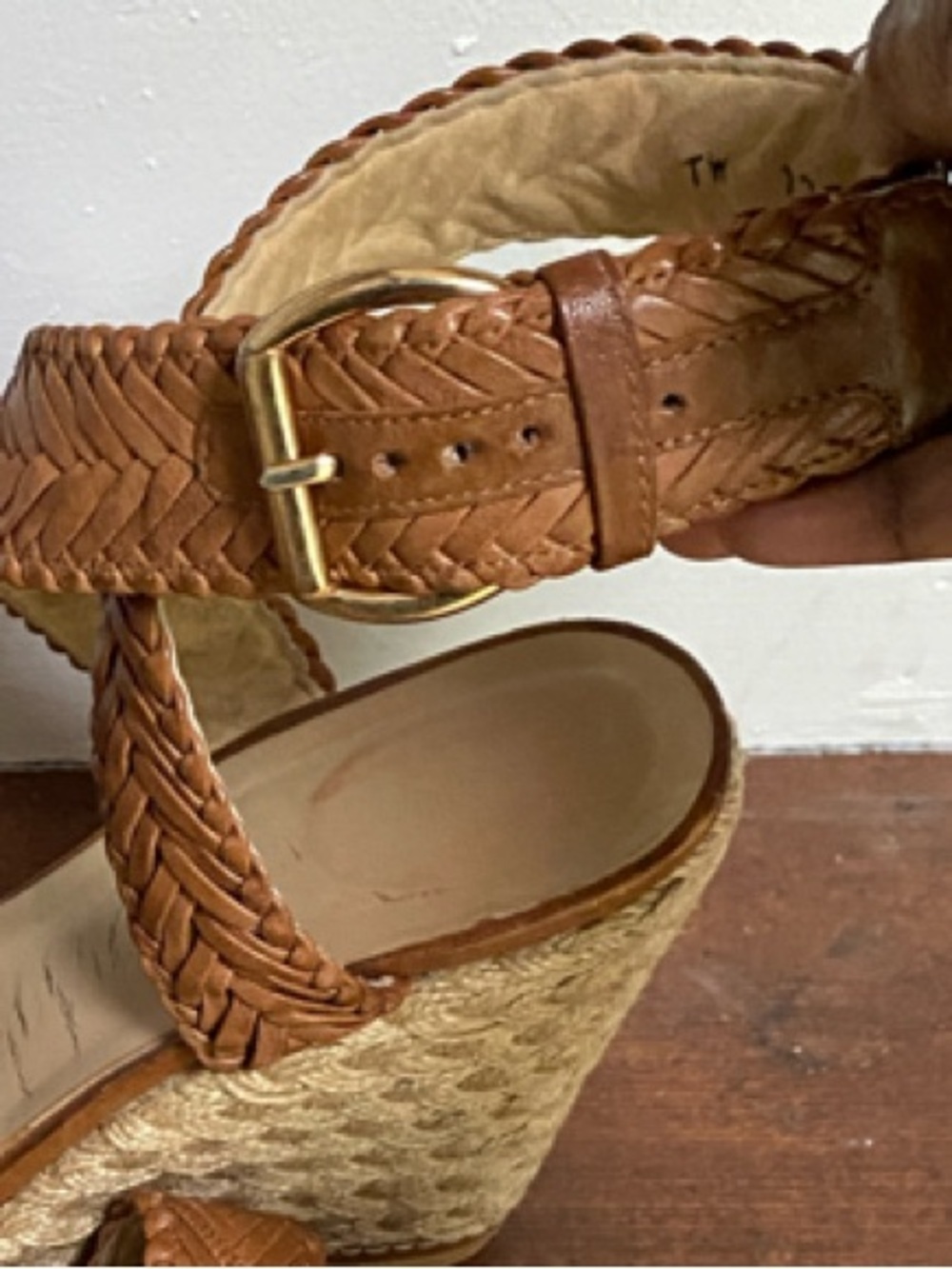 Stuart Weitzman Elixir Braided Espadrille Wedge Sandals in Tan Leather, Size 9.5